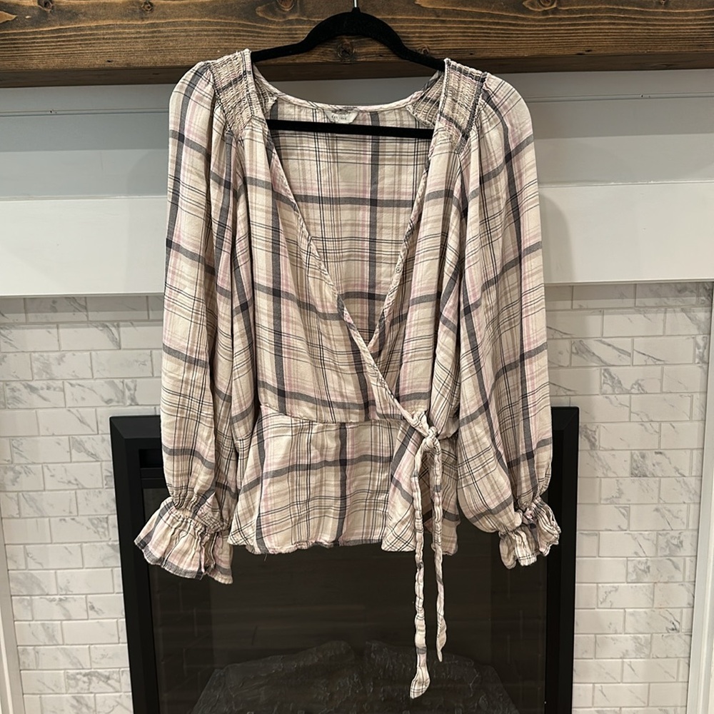 Est 1946 Plaid Wrap Blouse Cream and Pink 3 for $20